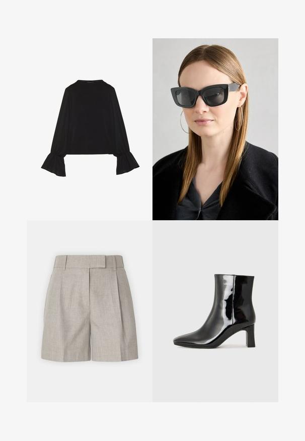 Black long-sleeve top featuring flared cuffs, soft texture, and a relaxed fit, with a simple round neckline.; Light grey shorts featuring a structured waistband, pleats, and a relaxed fit with a smooth linen texture. Simple and versatile design.; Black patent leather ankle boot with a pointed toe and a mid-height block heel. Smooth texture and minimalist design.; Black cat-eye sunglasses with dark lenses, thick frames, and subtle accents. Worn with a black coat and gray top, featuring long straight hair.