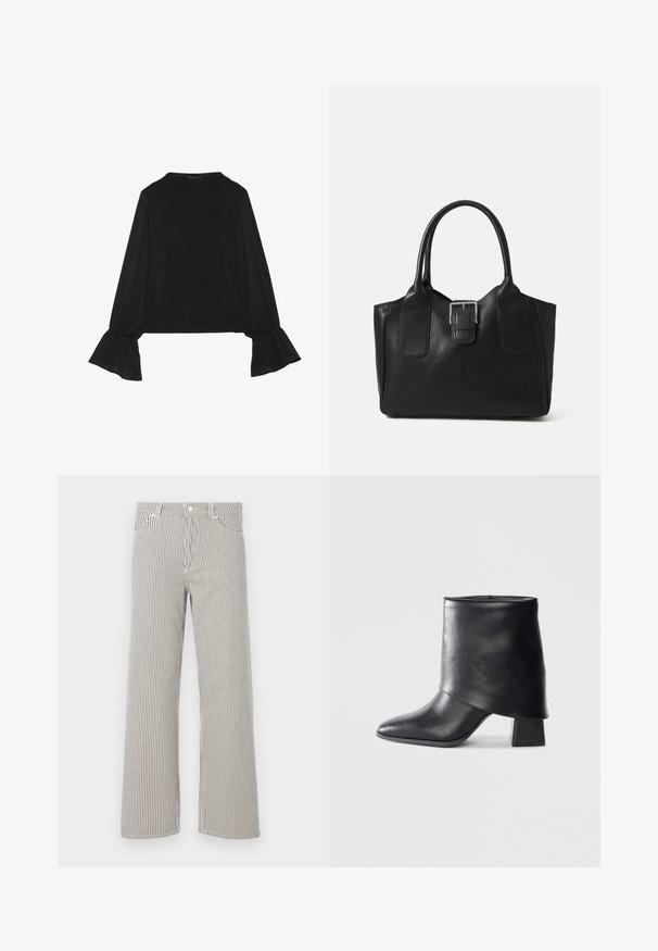 Fekete, hosszú ujjú felső, harang alakú mandzsettákkal, puha textúrával és laza szabással, egyszerű, kerek nyakkivágással.; Csíkos, bő szabású nadrág könnyű anyagból. Függőleges fekete és fehér csíkokkal, derékpánttal és öt zsebbel rendelkezik.; Fekete bőr bokacsizma, hegyes orral, sima felülettel és strukturált blokk sarokkal. Magas, hajtott szegéllyel rendelkezik.; Fekete bőr bevásárlótáska sima textúrával, strukturált formával, két fogantyúval és egy figyelemfelkeltő ezüst csattal az elején.