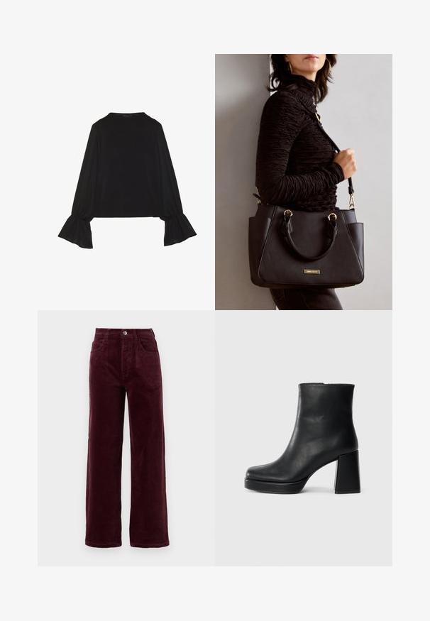 Sort langærmet top med flagrende manchetter, blød tekstur og en afslappet pasform, samt en enkel rund halsudskæring.; Burgunderrøde kordfløjel straight-leg bukser med høj talje, fem lommer og metalknaplukning foran. Struktureret stof med lodrette ribber.; Sort læder ankelstøvle med blokhæl og platformssål, set fra siden på en ensfarvet hvid baggrund.; Sort håndtaske med struktureret overflade, dobbelt topbærere og justerbar skulderrem. Udstyret med guldfarvet metalhardware og sidelommer.