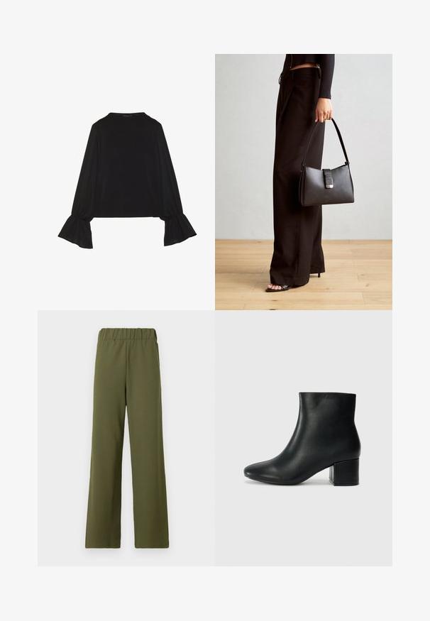Black long-sleeve top featuring flared cuffs, soft texture, and a relaxed fit, with a simple round neckline.; TOM TAILOR DENIM PLEATED PANTS - Trousers - grape leaf green; Black leather ankle boots with a pointed toe and a chunky heel. Smooth texture with minimal accents and a sleek, fitted design.; Black handbag with structured shape, smooth texture, and a metallic clasp. Paired with wide black pants and open-toe sandals on wooden floor.