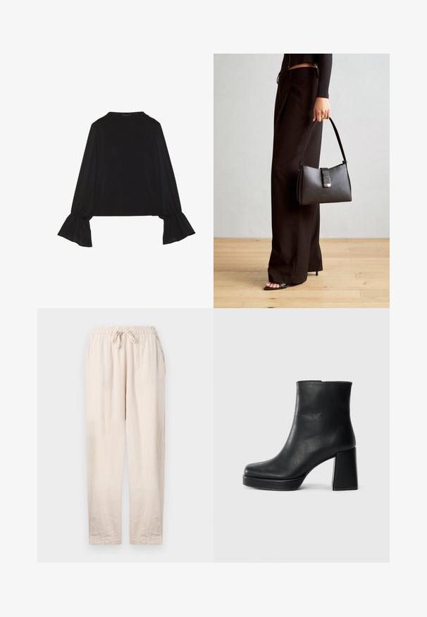 Maglietta nera a maniche lunghe con polsini svasati, texture morbida e vestibilità rilassata, con un semplice collo rotondo.; Pantaloni in lino beige con cintura elastica e cordoncino. Presentano due tasche laterali e una vestibilità rilassata con gambe dritte.; Stivale alla caviglia in pelle nera con tacco a blocco e suola platform, visto di lato su uno sfondo bianco uniforme.; Borsa nera con forma strutturata, texture liscia e una chiusura metallica. Abbinata a pantaloni neri larghi e sandali open-toe su un pavimento in legno.