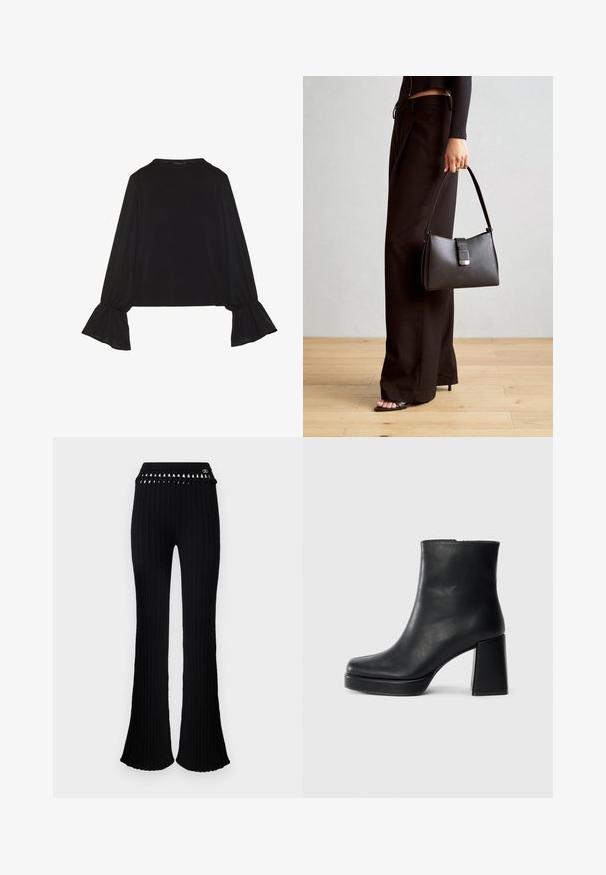 Top preto de mangas longas com punhos largos, textura suave e um corte descontraído, com um simples decote redondo.; Calças flared de malha canelada pretas com um design recortado na cintura e um detalhe de logótipo. Apresentam uma superfície texturizada e uma silhueta ajustada.; Bota de couro preta até ao tornozelo com salto bloco e sola com plataforma, vista de lado sobre um fundo branco liso.; Bolsa preta com forma estruturada, textura suave e um fecho metálico. Combinada com calças largas pretas e sandálias de salto aberto sobre um chão de madeira.