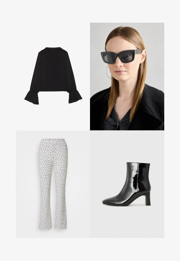 Top noir à manches longues avec des poignets évasés, texture douce et coupe décontractée, doté d'un col rond simple.; Pantalon blanc à pois noirs, avec un design évasé et une taille élastique. Fabriqué en tissu léger et texturé.; Bottines en cuir verni noir avec un bout pointu et un talon block de hauteur moyenne. Texture lisse et design minimaliste.; Des lunettes de soleil en forme de chat noir avec des verres foncés, des montures épaisses et des accents subtils. Portées avec un manteau noir et un haut gris, avec des cheveux longs et raides.