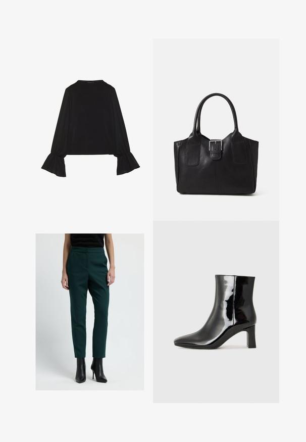 Černý top s dlouhými rukávy, který má rozšířené manžety, jemnou texturu a volný střih, s jednoduchým kulatým výstřihem.; Tmavě zelené kalhoty na míru s úzkým střihem, vyrobené z hladké tkaniny. Mají vysoký pas a boční kapsy, kombinují se s černými zúženými botami na podpatku.; Černé lakované kotníkové boty s špičatou špičkou a středně vysokým blokovým podpatkem. Hladká textura a minimalistický design.; Černá kožená tote taška s hladkým povrchem, strukturovaným tvarem, dvěma uchy a výrazným stříbrným detailem s přezkou na přední straně.