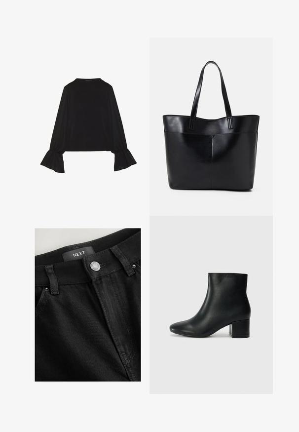 Mustsärgid musta tooniga, pika varrukaga, flöödid käised, pehme tekstuur ja vabalt langev lõige, lihtsa ümaraga kaelusega.; Musthave püksid mustast denimist, millel on nööbist sulgur, vöökohad ja tooniõmblus. Sildi "NEXT" on nähtav vöökohal. Tekstuur näib olema vastupidav.; Mustad nahast pahkluu saapad terava varbaga ja jämeda kandaga. Sile tekstuur minimaalse aktsentidega ja stiilne, lihvitud disain.; Must mustaga musta nahast, millel on kaks pikka kanda, sile tekstuur ja struktureeritud kuju. Esipoolsel on lisakoti jaoks tasku.