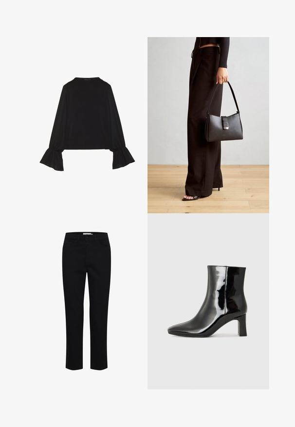 Melna garām piedurknēm krekls ar izplestu aproču, maigu tekstūru un brīvu piegriezumu, ar vienkāršu apaļu dekoltē.; Melni kokvilnas bikses ar taisnu piegriezumu. Iekļauj piecus kabatas un priekšējo pogu aizdari. Gluda tekstūra, minimālas šuvju detaļas.; Melnas patentētas ādas potīšu zābaki ar norādītu pirkstu un vidēja augstuma kvadrātveida papēdi. Gluda tekstūra un minimālisma dizains.; Melnā somiņa ar strukturētu formu, gludu tekstūru un metālu sprādzi. Saskaņota ar platām melnām biksēm un sandālēm ar atvērtu purngalu uz koka grīdas.