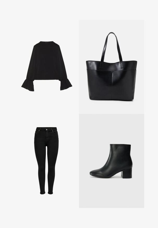 Svart langermet topp med utsvingte mansjetter, myk tekstur og avslappet passform, med enkel rund hals.; Sorte høye skinny jeans med knapp foran, beltehemper og fem lommer, vist mot en hvit bakgrunn.; Sorte skinn ankelsko med spiss tå og chunky hæl. Glatt tekstur med minimale detaljer og et elegant, tettsittende design.; Svart lær toteveske med to lange håndtak, en glatt tekstur og en strukturert form. Har en frontlomme for ekstra oppbevaring.