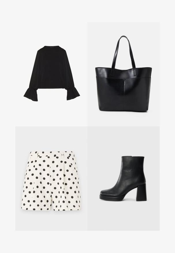 Top preto de mangas longas com punhos largos, textura suave e um corte descontraído, com um simples decote redondo.; Calções brancos em linho com um padrão de bolinhas pretas. Apresentam pregas e bolsos laterais. Cintura ajustada com um acabamento limpo.; Bota de couro preta até ao tornozelo com salto bloco e sola com plataforma, vista de lado sobre um fundo branco liso.; Bolsa tote preta em couro com duas alças longas, textura suave e forma estruturada. Apresenta um bolso frontal para armazenamento adicional.