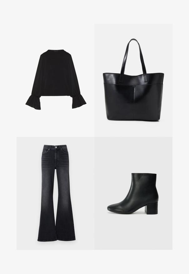 Black long-sleeve top featuring flared cuffs, soft texture, and a relaxed fit, with a simple round neckline.; High-waisted flared jeans in dark wash denim with a smooth texture, featuring front pockets, a button closure, and fading details.; Black leather ankle boots with a pointed toe and a chunky heel. Smooth texture with minimal accents and a sleek, fitted design.; Black leather tote bag with two long handles, a smooth texture, and a structured shape. Features a front pocket for additional storage.