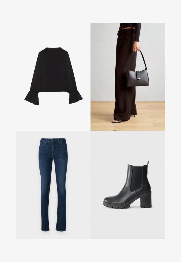 Fekete, hosszú ujjú felső, harang alakú mandzsettákkal, puha textúrával és laza szabással, egyszerű, kerek nyakkivágással.; Sötétkék, slim fit szabású farmernadrág, öt zsebből áll, gombos és cipzáras záródással, közepes magasságú derékpánttal.; Fekete bőr bokacsizma, elasztikus oldalsó panelekkel, masszív gumitalppal és magas tömbsarkú kivitelben. Hátul húzófüllel rendelkezik.; Fekete kézi táska strukturált formával, sima textúrával és fémből készült záródással. Széles fekete nadrággal és nyitott orrú szandállal párosítva, fából készült padlón.