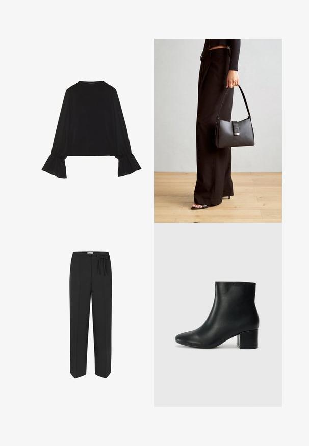 Black long-sleeve top featuring flared cuffs, soft texture, and a relaxed fit, with a simple round neckline.; Black, high-waisted trousers with a tie belt detail. Made from smooth fabric, featuring a straight-leg design and two front pockets.; Black leather ankle boots with a pointed toe and a chunky heel. Smooth texture with minimal accents and a sleek, fitted design.; Black handbag with structured shape, smooth texture, and a metallic clasp. Paired with wide black pants and open-toe sandals on wooden floor.