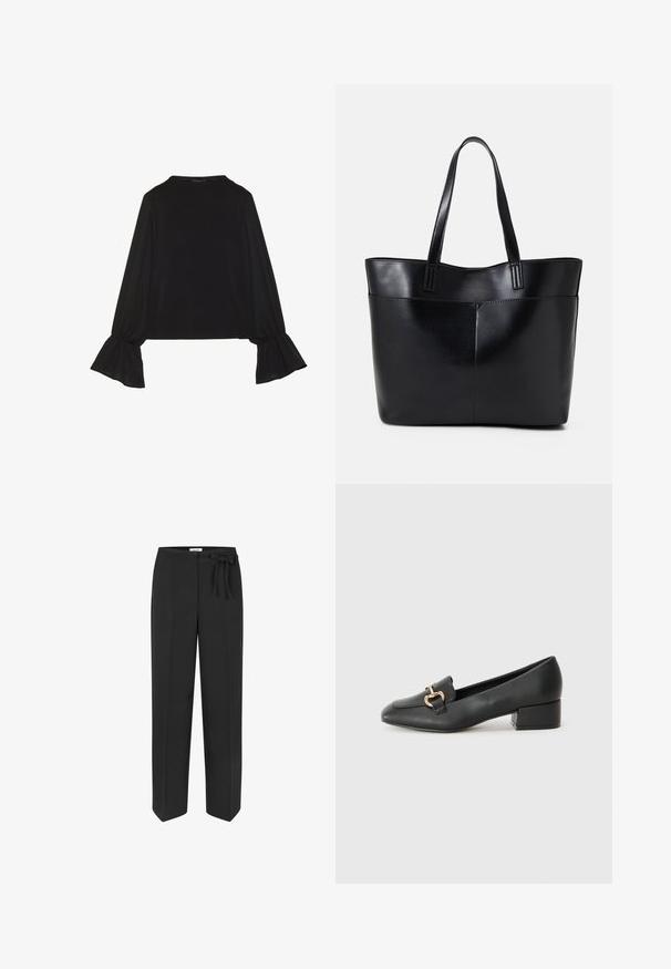 Crna majica dugih rukava s proširenim manžetama, mekanim materijalom i opuštenim krojem, s jednostavnim okruglim izrezom.; Crne hlače visokog struka s detaljem remena na vezanje. Izrađene su od glatkog materijala, imaju ravne nogavice i dva prednja džepa.; Crne kožne mokasine s ravnim potplatom, s dekorativnim zlatnim detaljem sprijeda i glatkom teksturom.; Crna kožna torba s dugim ručkama, glatkom teksturom i strukturiranim oblikom. Ima prednju džep za dodatno pohranu.