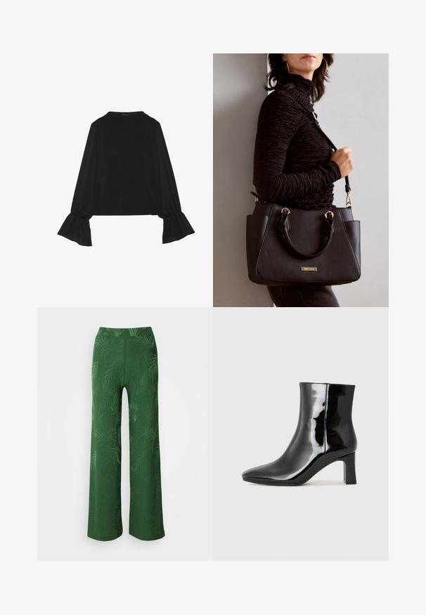 Svart langermet topp med utsvingte mansjetter, myk tekstur og avslappet passform, med enkel rund hals.; Anna Field Bukse - green; Sorte patentlær ankle boot med spiss tå og en mellomhøy blokkhelt. Glatt tekstur og minimalistisk design.; Svart håndveske med teksturert overflate, doble topphåndtak og justerbar skulderrem. Har detaljer i gulltone og sidelommer.