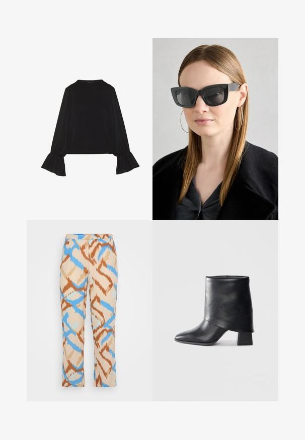 Melna garām piedurknēm krekls ar izplestu aproču, maigu tekstūru un brīvu piegriezumu, ar vienkāršu apaļu dekoltē.; Bežīgas bikses ar rakstu, kurām ir zilas un brūnas abstraktas formas. Izgatavotas no viegla materiāla ar taisnu kāju griezumu.; Melnas ādas potītes zābaki ar norādītu purngalu, gludu tekstūru un strukturētu blokveida papēdi. Iezīmē augstu, salocītu apkakles dizainu.; Melna kaķa acs saulesbrilles ar tumšiem objektīviem, bieziem rāmjiem un smalkiem akcentiem. Valkātas ar melnu mēteļi un pelēku augšu, ar garām taisnām matiem.
