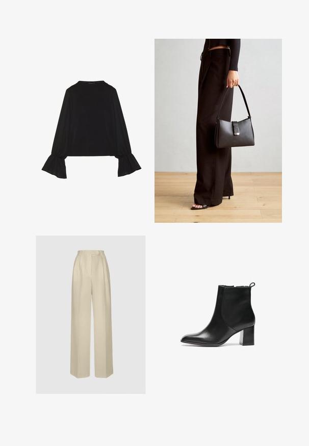 Melna garām piedurknēm krekls ar izplestu aproču, maigu tekstūru un brīvu piegriezumu, ar vienkāršu apaļu dekoltē.; ANDIATA GYTTA - Auduma bikses - champagne; Melnas ādas potītes zābaks ar noapaļotu purngalu, vidēja augstuma bloku papēdi un aizdari aizmugurē. Gluda tekstūra, minimāls dizains.; Melnā somiņa ar strukturētu formu, gludu tekstūru un metālu sprādzi. Saskaņota ar platām melnām biksēm un sandālēm ar atvērtu purngalu uz koka grīdas.