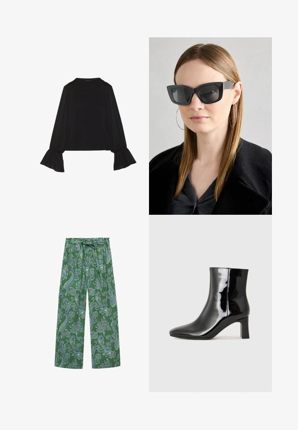Čierny top s dlhými rukávmi, flitrovanými manžetami, mäkkou textúrou a voľným strihom, s jednoduchým okrúhlym výstrihom.; Zelené nohavice s širokými nohavicami a paisley vzorom, vybavené elastickým pásom a šnúrkou na stiahnutie. Materiál má hladkú štruktúru a obsahuje zložité modré akcenty.; Čierne lakované členkové topánky s špicatou špičkou a stredne vysokým blokovým podpätkom. Hladká textúra a minimalistický dizajn.; Čierne mačacie slnečné okuliare s tmavými sklami, hrubými obručami a jemnými detailami. Nosí sa s čiernym kabátom a sivým topom, pričom má dlhé rovné vlasy.