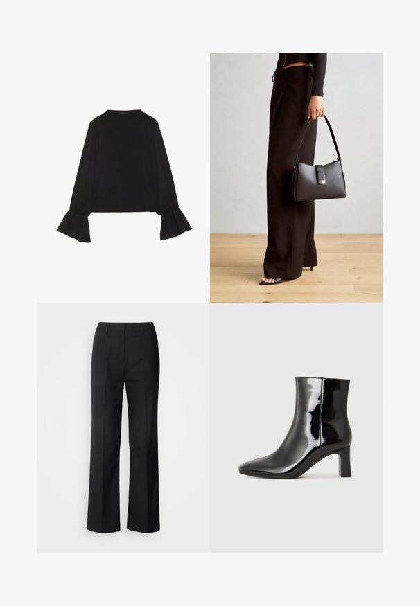 Black long-sleeve top featuring flared cuffs, soft texture, and a relaxed fit, with a simple round neckline.; Scotch & Soda CORE EDIE - Trousers - black; Black patent leather ankle boot with a pointed toe and a mid-height block heel. Smooth texture and minimalist design.; Black handbag with structured shape, smooth texture, and a metallic clasp. Paired with wide black pants and open-toe sandals on wooden floor.