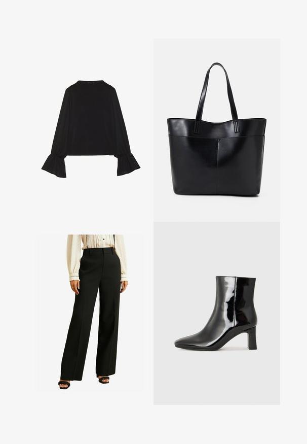 Črn dolg rokav vrh z razširjenimi manšetami, mehko teksturo in sproščenim krojem, z preprostim okroglim izrezom.; Črne hlače z visokim pasom in širokimi nogami, gladke teksture in natančnega kroja. V kombinaciji s kremasto bluzo z čipkastimi poudarki in gumbi.; Črne lakirane gležnjarje z ošiljenim nosom in srednje visokim blokastim peto. Gladka tekstura in minimalističen dizajn.; Črna usnjena torba z dvema dolgima ročajema, gladko teksturo in strukturirano obliko. Ima sprednji žep za dodatno shranjevanje.