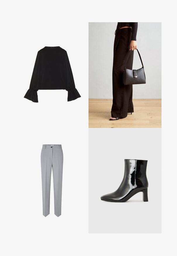 Fekete, hosszú ujjú felső, harang alakú mandzsettákkal, puha textúrával és laza szabással, egyszerű, kerek nyakkivágással.; Szürke testre szabott nadrág egyenes szabással, sima anyagból készült. Elöl gombos záródással és két elülső zsebbel rendelkezik.; Fekete lakk bőrcipő bokáig érő, hegyes orral és közepes magasságú tömbsarokkal. Simább textúrával és minimalista dizájnnal rendelkezik.; Fekete kézi táska strukturált formával, sima textúrával és fémből készült záródással. Széles fekete nadrággal és nyitott orrú szandállal párosítva, fából készült padlón.