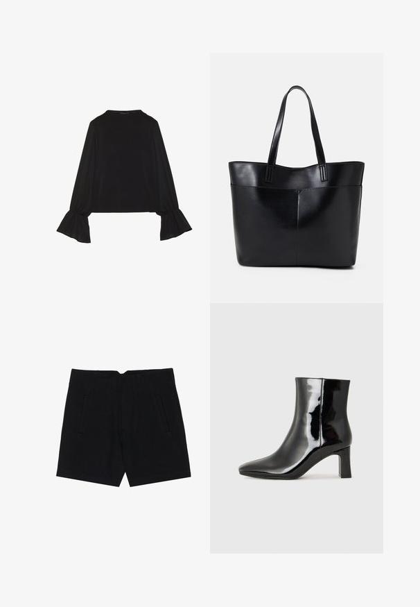 Maglietta nera a maniche lunghe con polsini svasati, texture morbida e vestibilità rilassata, con un semplice collo rotondo.; Pantaloni neri corti realizzati in un tessuto liscio, con tasche laterali, una vestibilità sartoriale e pieghe strutturate sul davanti per una silhouette pulita.; Stivaletto in pelle verniciata nera con punta a punta e tacco a blocco di altezza media. Texture liscia e design minimalista.; Borsa a tracolla in pelle nera con due manici lunghi, una texture liscia e una forma strutturata. Presenta una tasca frontale per ulteriore spazio di archiviazione.