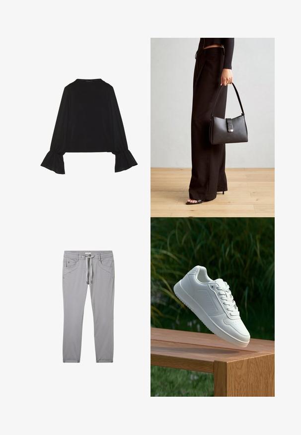 Zwarte langemouwen top met uitlopende manchetten, een zachte textuur en een relaxed fit, met een eenvoudige ronde halslijn.; Grijze broek van een zacht materiaal, met een trekkoord in de taille, vier zakken en een slim fit met subtiele stikdetails.; Witte sneaker met een gladde synthetische bovenkant, geperforeerde neus, platte veters en een gestructureerde zool, tentoongesteld op een houten oppervlak.; Zwarte handtas met gestructureerde vorm, gladde textuur en een metalen sluiting. Gecombineerd met brede zwarte broeken en sandalen met open teen op een houten vloer.
