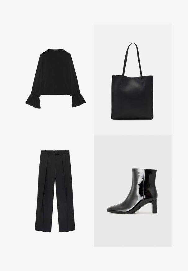 Black long-sleeve top featuring flared cuffs, soft texture, and a relaxed fit, with a simple round neckline.; Black wide-leg trousers made of smooth fabric, featuring front pleats, a zip closure, and belt loops, providing a tailored silhouette.; Black patent leather ankle boot with a pointed toe and a mid-height block heel. Smooth texture and minimalist design.; Black leather tote bag with smooth texture, rectangular shape, and two long handles. No visible hardware or embellishments.