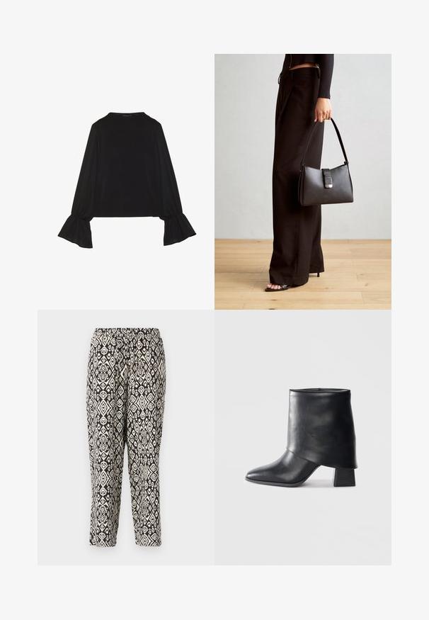 Crna majica dugih rukava s proširenim manžetama, mekanim materijalom i opuštenim krojem, s jednostavnim okruglim izrezom.; Crne i krem uzorke hlače. Imaju elastičnu tarnbu i ponavljajući geometrijski dizajn sa dijamantima i cvjetnim motivima.; Crna kožna čizme do gležnja sa šiljastim prstom, glatke teksture i strukturiranim blok petom. Ima visoki, preklopljeni dizajn manžetne.; Crna torba s oblikom koji sadrži strukturu, glađu teksturu i metalnu kopču. Uparena s širokim crnim hlačama i sandalama na otvorenom s drvenog poda.