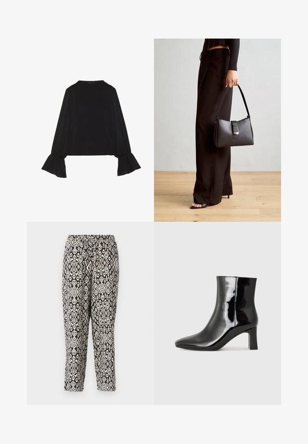 Crna majica dugih rukava s proširenim manžetama, mekanim materijalom i opuštenim krojem, s jednostavnim okruglim izrezom.; Crne i krem uzorke hlače. Imaju elastičnu tarnbu i ponavljajući geometrijski dizajn sa dijamantima i cvjetnim motivima.; Crne lakirane kožne gležnjače s šiljastim prstom i srednje visokom blok petom. Glatka tekstura i minimalistički dizajn.; Crna torba s oblikom koji sadrži strukturu, glađu teksturu i metalnu kopču. Uparena s širokim crnim hlačama i sandalama na otvorenom s drvenog poda.