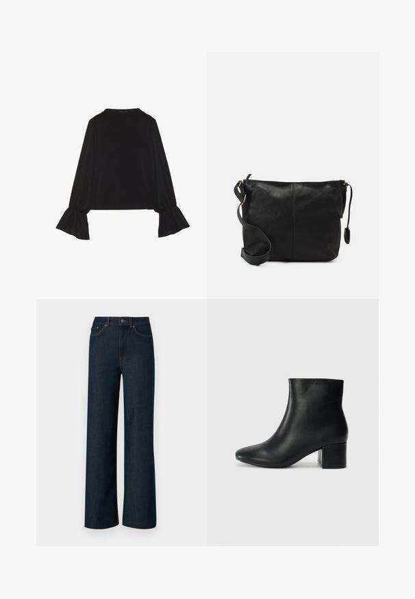 Crna majica dugih rukava s proširenim manžetama, mekanim materijalom i opuštenim krojem, s jednostavnim okruglim izrezom.; Široke tamnoplave traperice s kontrastnim narančastim šavovima, pet džepova i kopčanjem na dugme. Tkanina glatke teksture.; Crne kožne čizme do članaka s uskim vrhom i debelim potplatom. Glatka tekstura s minimalnim detaljima i elegantan, prilagođen dizajn.; Crna kožna torbica preko tijela s ravnim oblikom, zlatnim detaljima i podešivim remenom. Glatka tekstura s minimalnim detaljima šivanja.