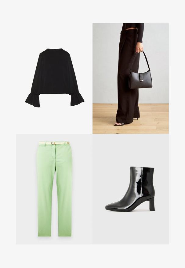 Fekete, hosszú ujjú felső, harang alakú mandzsettákkal, puha textúrával és laza szabással, egyszerű, kerek nyakkivágással.; Világoszöld, egyenes szabású pamut nadrág, szőtt bézs övvel, elülső zsebbe, látható minták vagy díszítések nélkül.; Fekete lakk bőrcipő bokáig érő, hegyes orral és közepes magasságú tömbsarokkal. Simább textúrával és minimalista dizájnnal rendelkezik.; Fekete kézi táska strukturált formával, sima textúrával és fémből készült záródással. Széles fekete nadrággal és nyitott orrú szandállal párosítva, fából készült padlón.