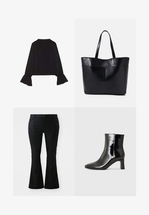 Schwarz langärmliges Oberteil mit ausgestellt geschnittenen Bündchen, weicher Textur und entspannter Passform, mit einem schlichten runden Halsausschnitt.; Schwarze ausgestellt Hosen aus glattem Stoff. Verfügt über frontale Taschen, einen Knopfverschluss und eine figurbetonte Taille, die in einem ausgestellten Bein endet.; Schwarzer Lackleder-Stiefelette mit spitzer Zehe und einem mittelhohen Blockabsatz. Glatte Textur und minimalistisches Design.; Schwarze Leder-Shopper-Tasche mit zwei langen Griffen, einer glatten Textur und einer strukturierten Form. Verfügt über eine Vordertasche für zusätzlichen Stauraum.; Silberner Doppelring mit einer glatten, polierten Oberfläche. Verfügt über ein fließendes, kurviges Design mit überlappenden Abschnitten für einen modernen Look.