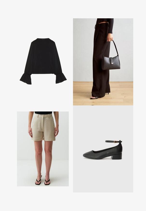 Black long-sleeve top featuring flared cuffs, soft texture, and a relaxed fit, with a simple round neckline.; Jimmy Key HIGH WAIST WITH POCKETS - Shorts - stoned; Black leather pump with a pointed toe and a low block heel. Features an ankle strap with a gold-tone buckle. Smooth texture.; Black handbag with structured shape, smooth texture, and a metallic clasp. Paired with wide black pants and open-toe sandals on wooden floor.