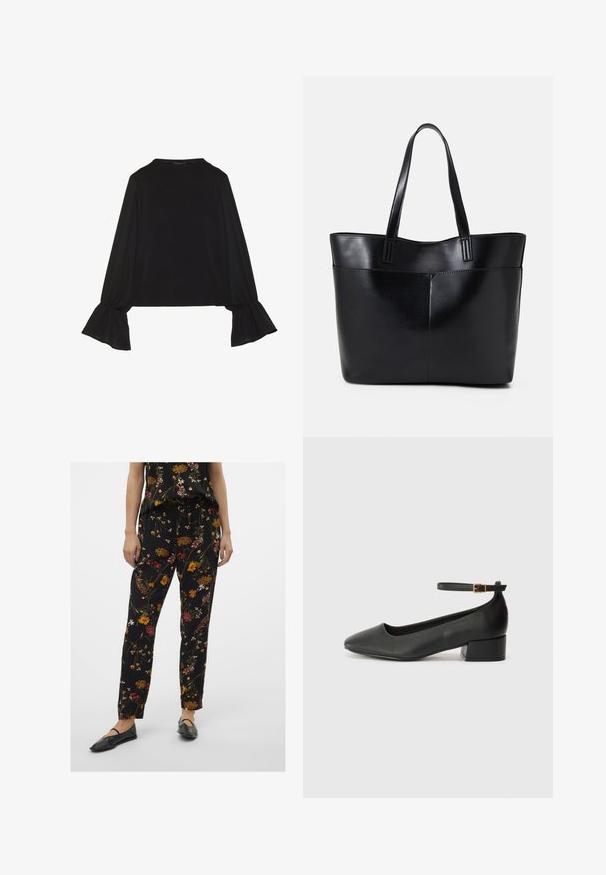Svart långärmad topp med utställda ärmslut, mjuk textur och avslappnad passform, med en enkel rund halsringning.; Svarta blommiga byxor med en avslappnad passform, prydda med flerfärgade blommönster, resårmidja med dragsko och sidofickor. Matchas med eleganta svarta ballerina.; Svart läderpump med spetsig tå och en låg klack. Har en ankelsnodd med en guldtonad spänne. Slät textur.; Svart läder tote-väska med två långa handtag, en slät yta och en strukturerad form. Har en framficka för extra förvaring.