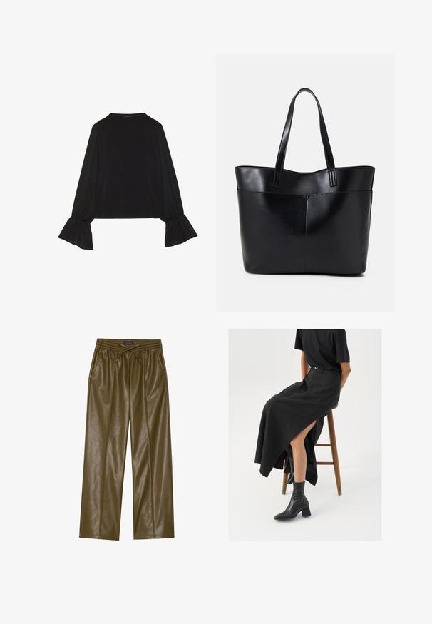 Musta pitkähihainen toppi, jossa on levenevät hihansuut, pehmeä rakenne ja rento fit, yksinkertaisella pyöreällä pääntiellä.; Olive vihreät tekonahkahaalarit, joissa on joustava vyötärö ja säädettävä nyöri. Varustettu kahdella sivutaskulla ja sileällä pinnalla.; Musta pellavasta valmistettu maxi-hame, jossa on korkea halkio, puettuna mustan t-paidan ja mustien nilkkabootsien kanssa. Minimalistinen muotoilu, rento istuvuus.; Musta nahkainen kassi, jossa on kaksi pitkää kahvaa, sileä pinta ja jämäkkä muoto. Sisältää etutaskun lisävarastointia varten.