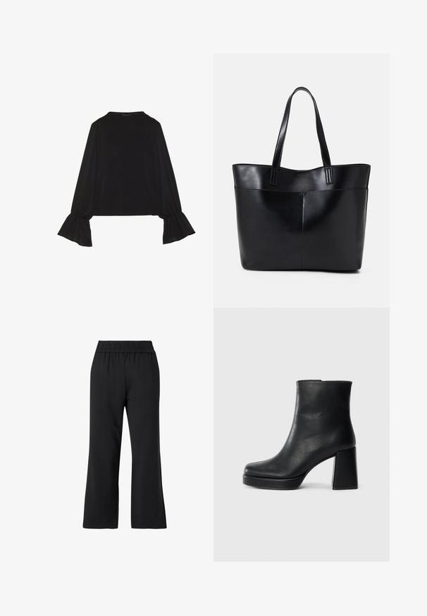 Fekete, hosszú ujjú felső, harang alakú mandzsettákkal, puha textúrával és laza szabással, egyszerű, kerek nyakkivágással.; Fekete sportnadrág széles lábakkal. Puha anyagból készült, rugalmas derékkal és látható patentok vagy minták nélkül.; Fekete bőr bokacsizma tömbsarkal és platform talppal, oldalról nézve, sima fehér háttéren.; Fekete bőr bevásárlótáska két hosszú fogantyúval, sima felülettel és strukturált formával. Elülső zseb található rajta a plusz tárolás érdekében.