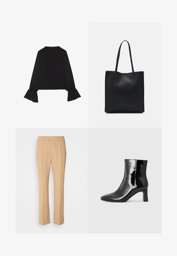 Black long-sleeve top featuring flared cuffs, soft texture, and a relaxed fit, with a simple round neckline.; Beige tailored trousers with a straight leg, featuring two front pleats, a flat front design, and a smooth, lightweight fabric.; Black patent leather ankle boot with a pointed toe and a mid-height block heel. Smooth texture and minimalist design.; Black leather tote bag with smooth texture, rectangular shape, and two long handles. No visible hardware or embellishments.
