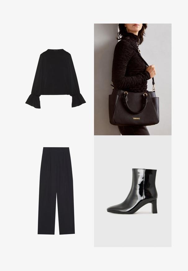 Top preto de mangas longas com punhos largos, textura suave e um corte descontraído, com um simples decote redondo.; Calças largas pretas feitas de um tecido liso, apresentando pregas, uma cintura frontal plana e sem bolsos ou adornos visíveis.; Botim de tornozelo em pele sintética preta com bico apontado e salto bloco de altura média. Textura suave e design minimalista.; Bolsa preta com superfície texturizada, alças superiores duplas e alça de ombro ajustável. Apresenta ferragens em tom dourado e bolsos laterais.