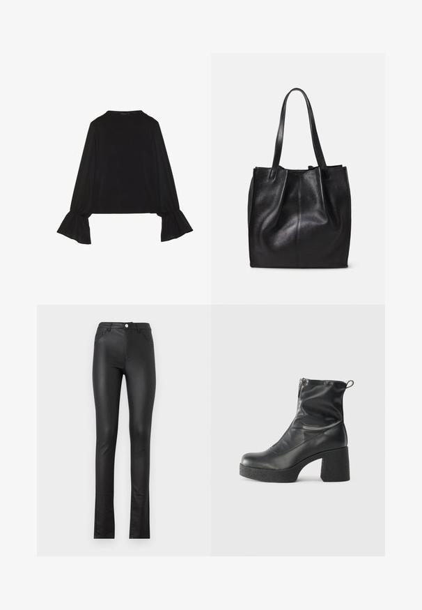 Black long-sleeve top featuring flared cuffs, soft texture, and a relaxed fit, with a simple round neckline.; Black faux leather pants with a slim fit, featuring a front button closure, two front pockets, and a slightly flared hem at the bottom.; Black ankle boots made of smooth leather, featuring a side zipper, chunky textured heel, and rounded toe design.; Black leather tote bag with textured surface, single compartment, and two long handles. Soft, unstructured shape with no visible hardware.