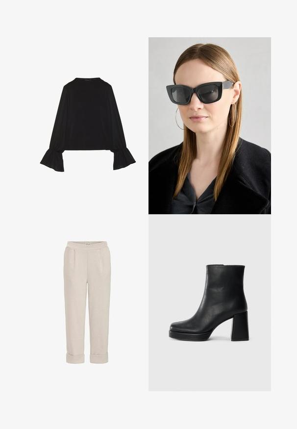 Top negro de manga larga con puños acampanados, textura suave y un ajuste relajado, con un sencillo cuello redondo.; Pantalones beige claros hechos de una tela suave, con un corte relajado, puños enrollados y bolsillos laterales con una textura suave.; Botín de cuero negro con tacón cuadrado y suela de plataforma, visto de lado sobre un fondo blanco liso.; Gafas de sol de gato negro con lentes oscuros, montura gruesa y acentos sutiles. Llevadas con un abrigo negro y una blusa gris, presentando cabello largo y liso.