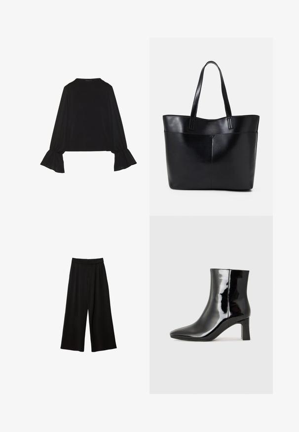 Musta pitkähihainen toppi, jossa on levenevät hihansuut, pehmeä rakenne ja rento fit, yksinkertaisella pyöreällä pääntiellä.; Mustat löysät housut korkealla vyötäröllä, joissa on laskoksia, sileä pinta ja ei näkyviä taskuja tai koristeluja.; Musta patenttilakattu nilkkuri, jossa on terävä kärki ja keskipitkä lohkarekorko. Silkkinen pinta ja minimalistinen muotoilu.; Musta nahkainen kassi, jossa on kaksi pitkää kahvaa, sileä pinta ja jämäkkä muoto. Sisältää etutaskun lisävarastointia varten.