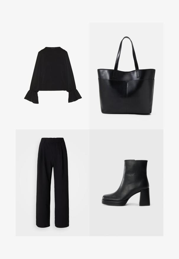 Top negro de manga larga con puños acampanados, textura suave y un ajuste relajado, con un sencillo cuello redondo.; Pantalones de pierna ancha negros, fabricados en un tejido suave. Cuentan con una cinturilla ajustada y pliegues frontales para mayor volumen. Diseño entallado.; Botín de cuero negro con tacón cuadrado y suela de plataforma, visto de lado sobre un fondo blanco liso.; Bolso tote de cuero negro con dos asas largas, textura suave y forma estructurada. Cuenta con un bolsillo frontal para almacenamiento adicional.