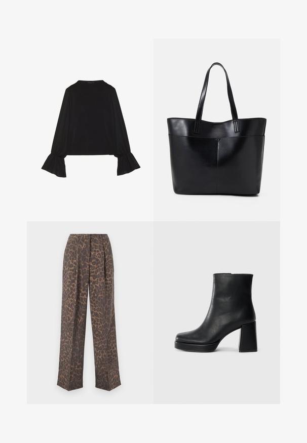 Top noir à manches longues avec des poignets évasés, texture douce et coupe décontractée, doté d'un col rond simple.; Pantalon large en imprimé léopard marron et beige, avec des plis, une texture de tissu lisse et une coupe ajustée.; Bottine en cuir noir avec un talon bloc et une semelle plateforme, vue de côté sur un fond blanc uni.; Sac fourre-tout en cuir noir avec deux longues poignées, une texture lisse et une forme structurée. Dispose d'une poche avant pour un rangement supplémentaire.