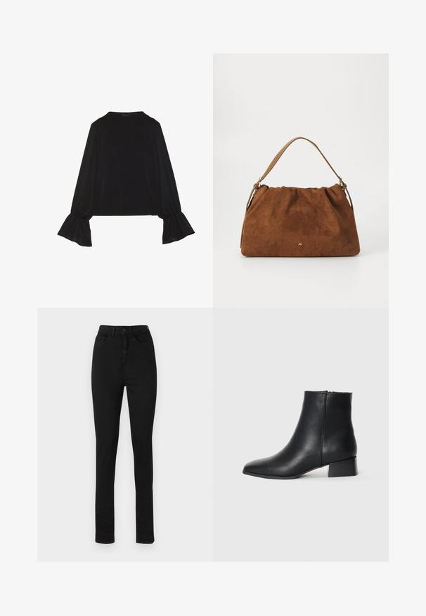 Mustsärgid musta tooniga, pika varrukaga, flöödid käised, pehme tekstuur ja vabalt langev lõige, lihtsa ümaraga kaelusega.; Mustad denim püksid kõrge vöökohaga, nupuga kinni pandud, viie taskuga ja kitsas lõige. Siidine tekstuur ja õmblusdetailid õmblustes.; Must mustreboot, mille näpaga ja madala plokknäidisega, sileda tekstuuri ja minimalistikuga disainiga.; Pruun nubukist käekott, millel on kokku tõmmatud disain, ühesaanvärvilise naha rihmaga ja esiküljel peen kuldne logo detail.