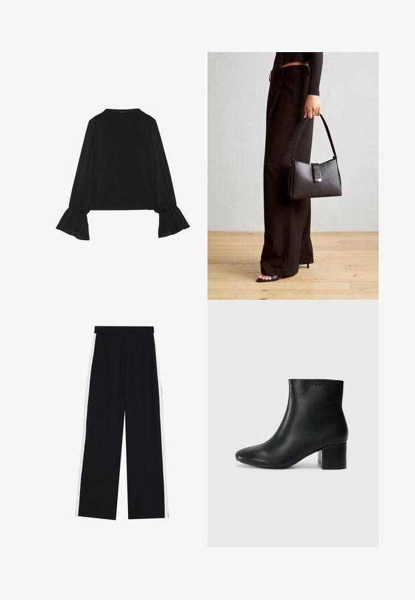 Zwarte langemouwen top met uitlopende manchetten, een zachte textuur en een relaxed fit, met een eenvoudige ronde halslijn.; Zwarte wijde broek gemaakt van stof met witte zijstrepen. Voorzien van een elastische taille en een gladde textuur, ontworpen voor comfort en bewegingsvrijheid.; Zwarte leren enkellaarzen met een spitse neus en een chunky hak. Gladde textuur met minimale accenten en een slank, strakk ontwerp.; Zwarte handtas met gestructureerde vorm, gladde textuur en een metalen sluiting. Gecombineerd met brede zwarte broeken en sandalen met open teen op een houten vloer.