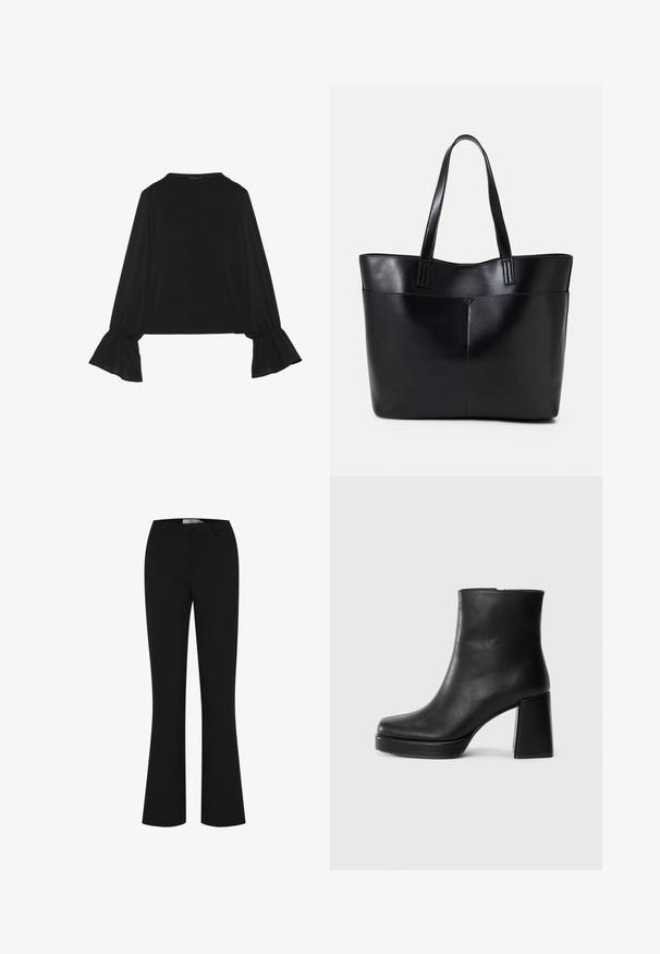 Čierny top s dlhými rukávmi, flitrovanými manžetami, mäkkou textúrou a voľným strihom, s jednoduchým okrúhlym výstrihom.; Čierne zvonové nohavice vyrobené z hladkej látky, s priliehavým pásom a čistým predným dizajnom bez vreciek.; Čierne kožené členkové topánky s blokovým podpätkom a platformovou podrážkou, zobrazené z boku na bielom pozadí.; Čierna kožená tote taška s dvoma dlhými rúčkami, hladkým povrchom a štruktúrovaným tvarom. Obsahuje prednú kapsu pre dodatočné uskladnenie.