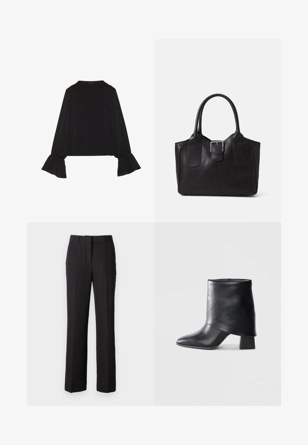 Black long-sleeve top featuring flared cuffs, soft texture, and a relaxed fit, with a simple round neckline.; Black trousers with a tailored fit, featuring a flat front, two side pockets, and a smooth, matte fabric texture. Classic design, no patterns.; Black leather ankle boot with a pointed toe, smooth texture, and a structured block heel. Features a high, folded cuff design.; Black leather tote bag with smooth texture, structured shape, two handles, and a prominent silver buckle detail on the front.