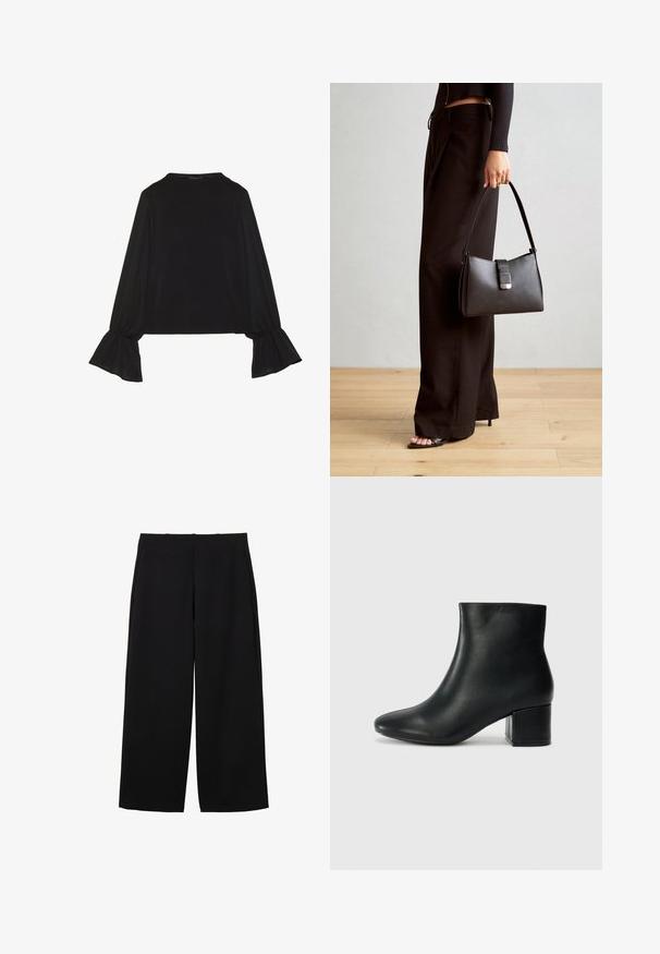 Melna garām piedurknēm krekls ar izplestu aproču, maigu tekstūru un brīvu piegriezumu, ar vienkāršu apaļu dekoltē.; Melnas platas kāju bikses, izgatavotas no teksturēta auduma, ar augstu jostas vietu, kas rotātas ar frontālām krokām un vienkāršu dizainu. Nav redzamu kabatu vai metāla detaļu.; Melna ādas potīšu zābaki ar smailu purngalu un masīlu papēdi. Gluda tekstūra ar minimāliem akcentiem un gludu, pieguļošu dizainu.; Melnā somiņa ar strukturētu formu, gludu tekstūru un metālu sprādzi. Saskaņota ar platām melnām biksēm un sandālēm ar atvērtu purngalu uz koka grīdas.