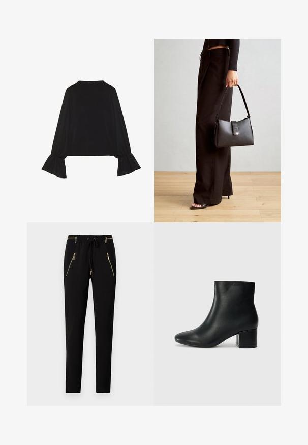 Melna garām piedurknēm krekls ar izplestu aproču, maigu tekstūru un brīvu piegriezumu, ar vienkāršu apaļu dekoltē.; Melnas bikses ar elastīgu jostu un auklu. Aprīkotas ar divām priekšējām kabatām ar rāvējslēdzējiem un zelta aksesuāriem. Gluda virsma.; Melna ādas potīšu zābaki ar smailu purngalu un masīlu papēdi. Gluda tekstūra ar minimāliem akcentiem un gludu, pieguļošu dizainu.; Melnā somiņa ar strukturētu formu, gludu tekstūru un metālu sprādzi. Saskaņota ar platām melnām biksēm un sandālēm ar atvērtu purngalu uz koka grīdas.