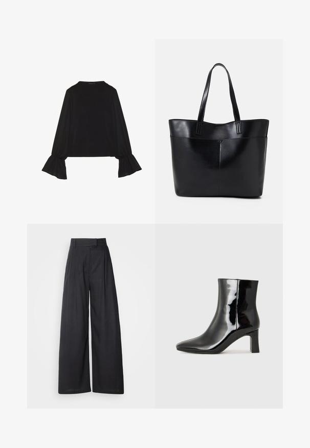 Čierny top s dlhými rukávmi, flitrovanými manžetami, mäkkou textúrou a voľným strihom, s jednoduchým okrúhlym výstrihom.; Tmavé, široké nohavice s pevný pásom a skladmi. Vyrobené z ľahkého materiálu, s hladkou textúrou a bez viditeľných vzorov.; Čierne lakované členkové topánky s špicatou špičkou a stredne vysokým blokovým podpätkom. Hladká textúra a minimalistický dizajn.; Čierna kožená tote taška s dvoma dlhými rúčkami, hladkým povrchom a štruktúrovaným tvarom. Obsahuje prednú kapsu pre dodatočné uskladnenie.