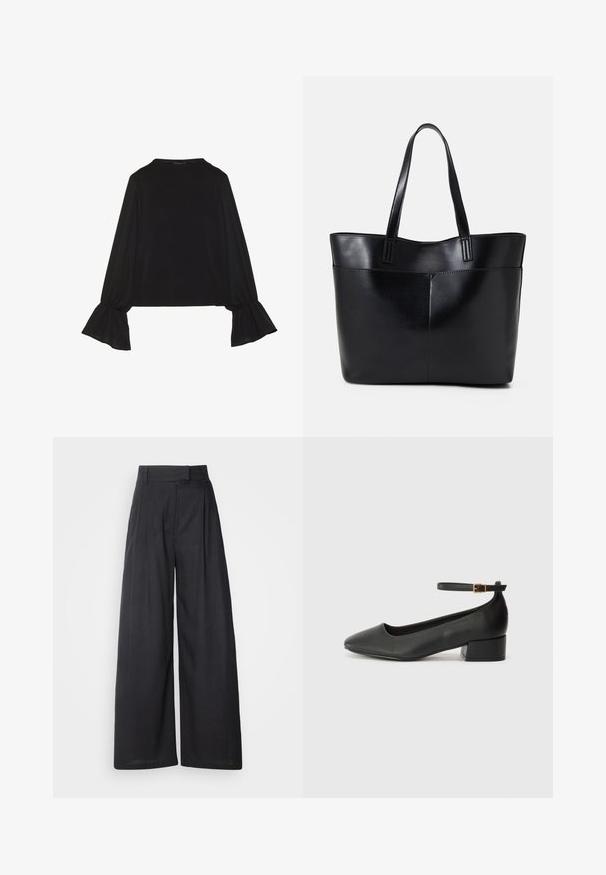 Čierny top s dlhými rukávmi, flitrovanými manžetami, mäkkou textúrou a voľným strihom, s jednoduchým okrúhlym výstrihom.; Tmavé, široké nohavice s pevný pásom a skladmi. Vyrobené z ľahkého materiálu, s hladkou textúrou a bez viditeľných vzorov.; Čierne kožené lodičky s špicatou špičkou a nízkym blokovým podpätkom. Obsahuje remienok okolo členka so zlatým prackou. Hladký povrch.; Čierna kožená tote taška s dvoma dlhými rúčkami, hladkým povrchom a štruktúrovaným tvarom. Obsahuje prednú kapsu pre dodatočné uskladnenie.
